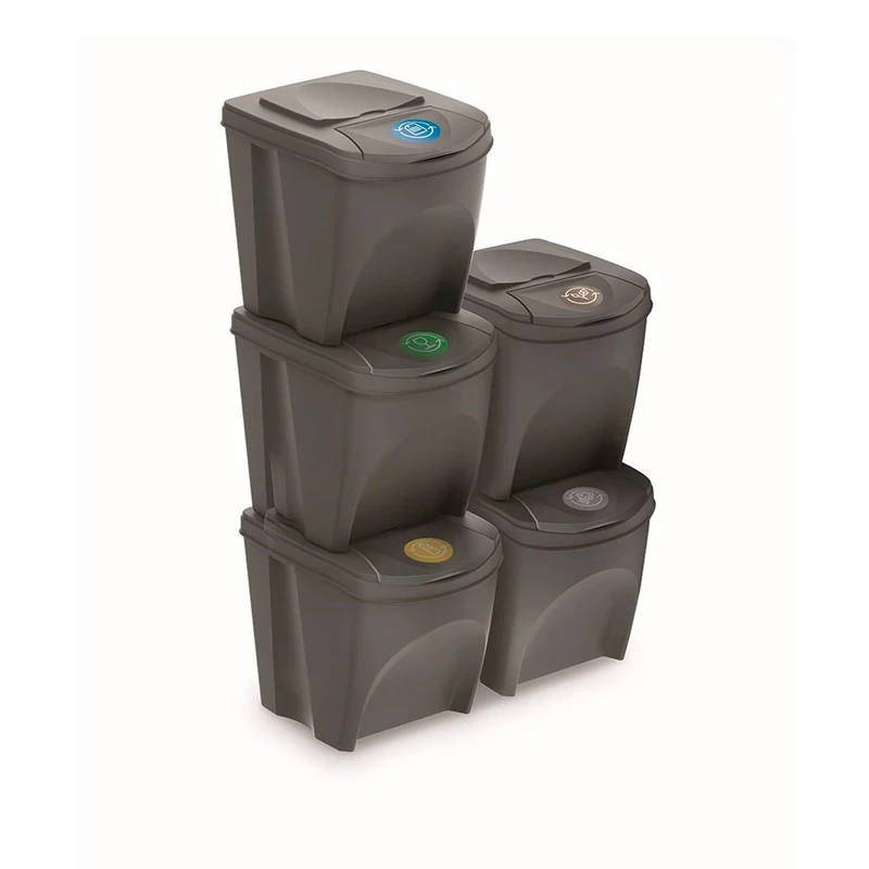 PROSPERPLAST Set of 5 Recycling Bins 125L Plastic Sortibox in Grey, 5 x 25L