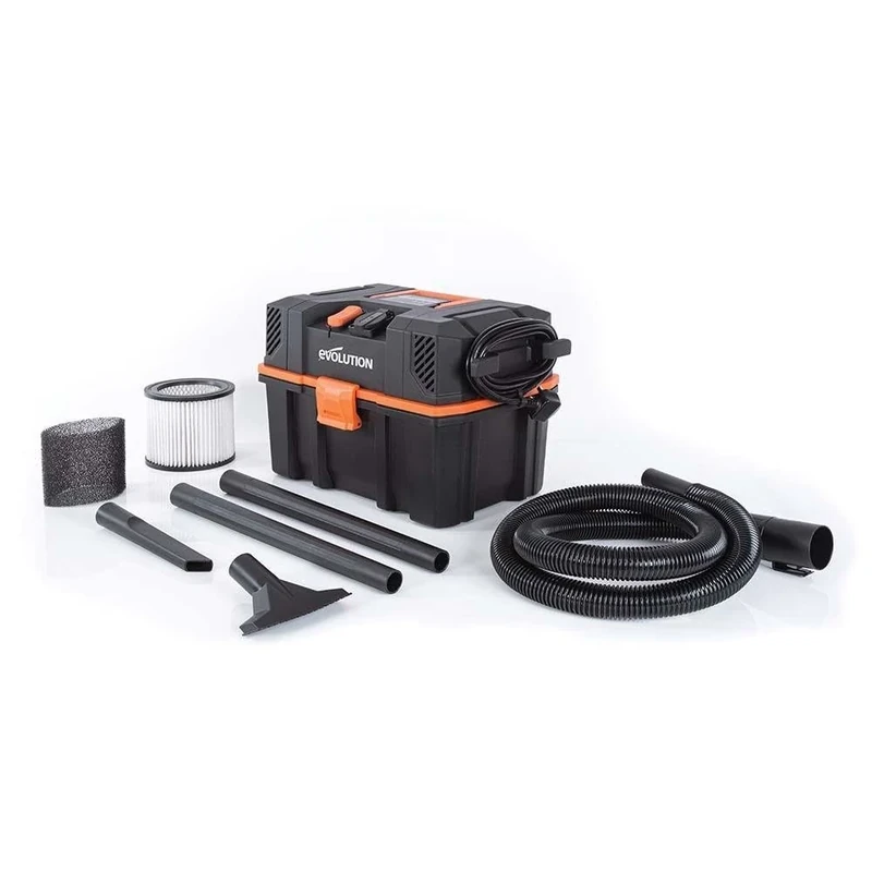 Evolution Power Tools R15VAC Vacuum Cleaner Wet and Dry Vac, Portable and Lightweight Ideal Dust Extractor for Saw Dust in Workshops, With Power Take-Off, Corded, Orange