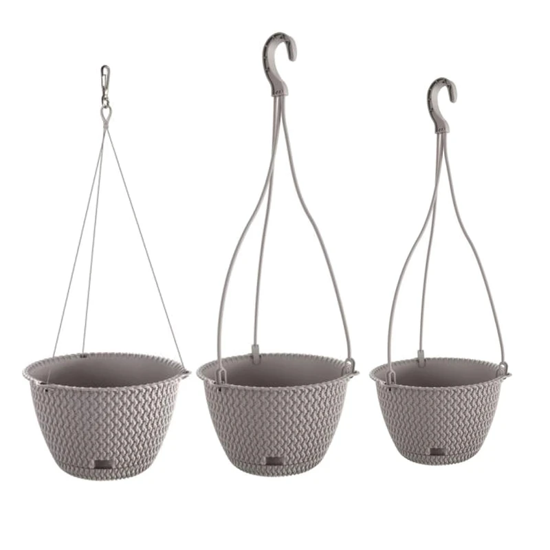 PROSPERPLAST Pack of 3 Hanging Planters (3/4.8/4.8 litres) Splofy Round Plastic Grey, Set 3 macetas