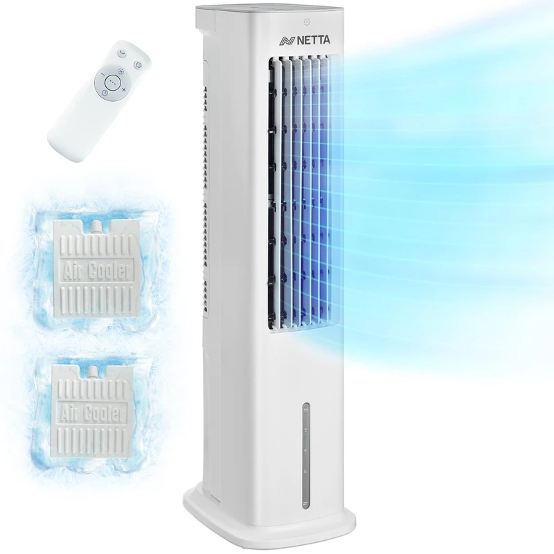 NETTA 5L Evaporative Air Cooler with Remote & 2 Ice Packs - 55W Portable Tower Fan - High Powered 3 Fan Speeds and 3 Modes - 7 Hour Timer, Humidifier Setting & Auto Oscillation - Fan for Home & Office