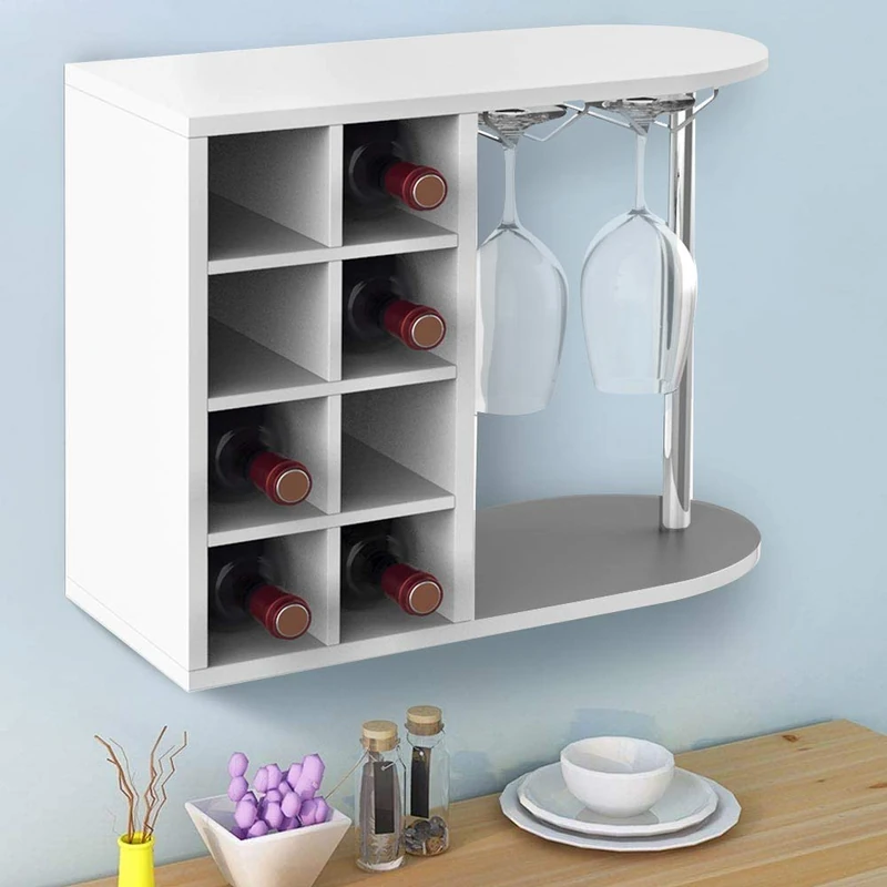 BAKAJI Wine Wine Bottle Rack Liquor Wall or Table Wooden Frame Cellar with 2 Shelves 8 Seater Bottle Holder and Metal Wine Rack 42 x 52 x 28 cm (White)