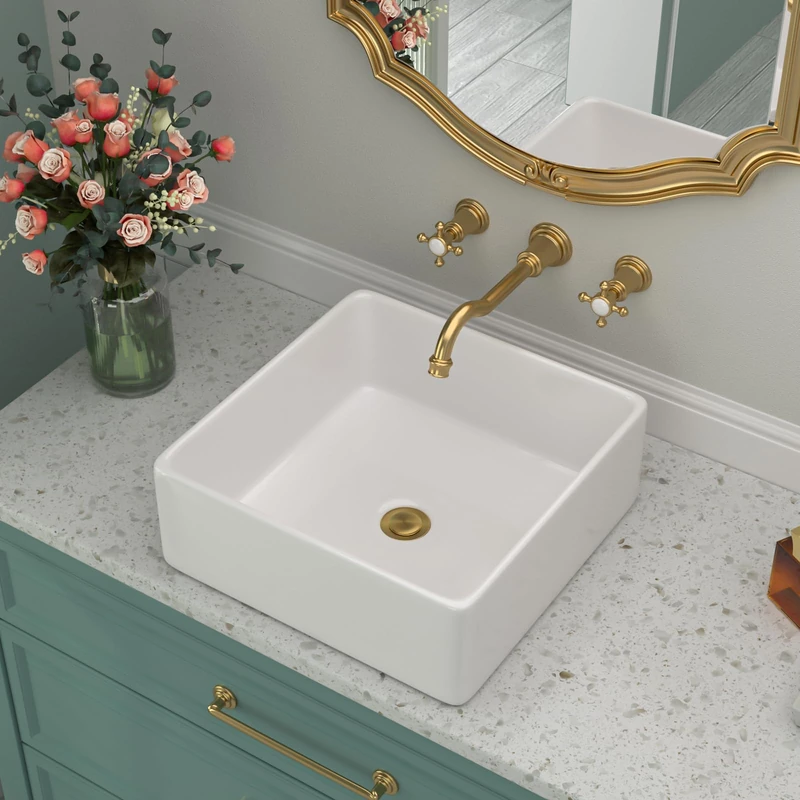 White Bathroom Vessel Sink - Beslend 15x15 Inch White Ceramic Porcelain Square Bathroom Sink Lavatory Modern Art Basin