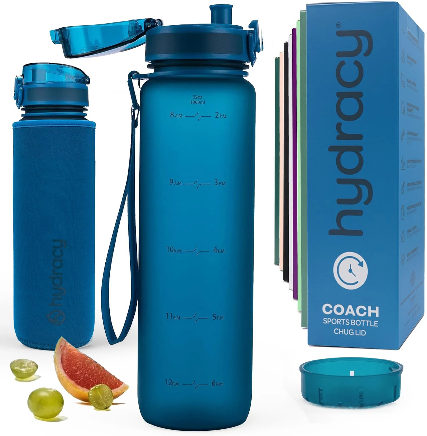 Hydracy Water Bottle with Time Marker -Large 1 Litre BPA Free Water Bottle & No Sweat Sleeve -Leak Proof Gym Bottle with Fruit Infuser Strainer & Times to Drink -Ideal for Fitness Sport & Outdoor