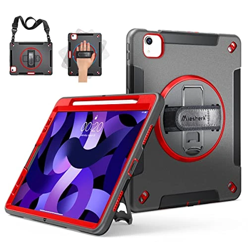 Miesherk Case for iPad Air 5th Generation 10.9 2022: Military Rugged Protective 3 Layer Shockproof Cover for iPad Air 4th Generation - Apple Pencil Holder -Rotating Stand -Hand/Shoulder Strap -Red