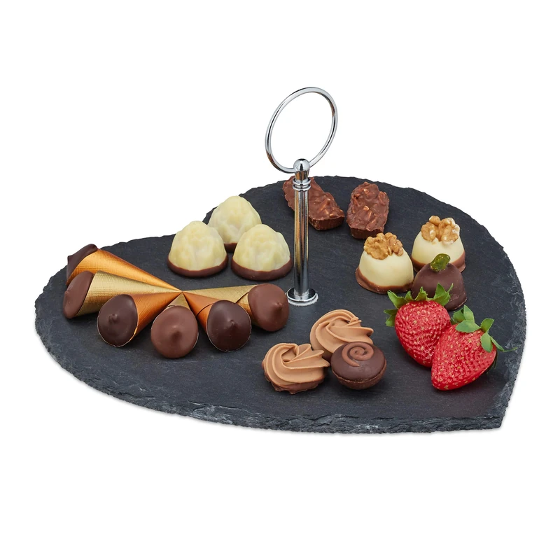Relaxdays Slate Serving Plate, Heart Shaped, Handle, Platter for Sushi & Cheese, Wedding & Valentine's Day, Dark Grey