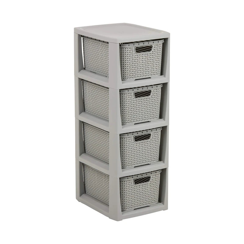 BranQ - Home essential, Rattan Design BPA Free Plastic 4 Drawer Storage Unit, Ideal for Home Office, Bedroom and Bathroom Storage, 29.5 x 24 x 64.2 cm (LxWxH) - Light Grey