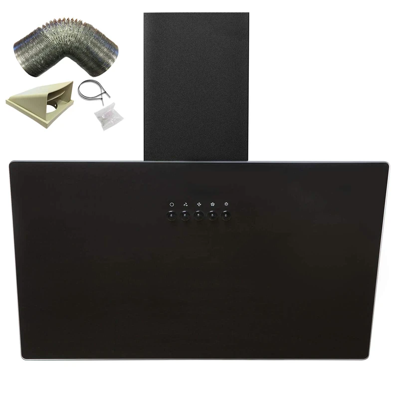SIA AH60BL 60cm Black Angled Glass Chimney Cooker Hood Kitchen Extractor Fan With 3 Speeds & LED Lights & 3m Flexible External Ducting Kit