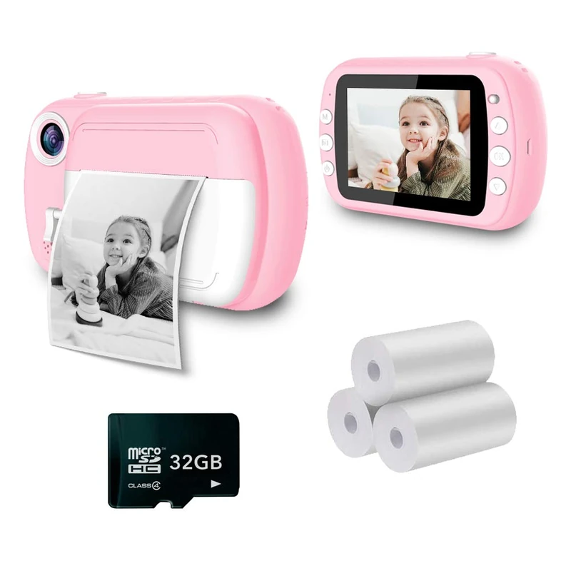 i-Paint World Children's Instant Camera, B/W Thermal Paper Print, 1080P FHD Digital Camera, 3.5" LCD, Pink