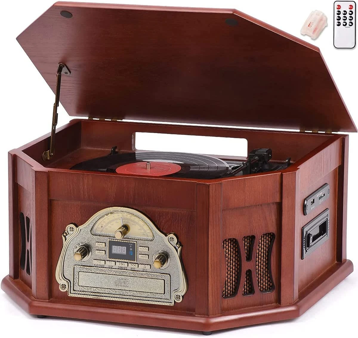 ORCC 10-in-1 Vintage Record Player, with Gift Card, Vinyl Turntable for 33/45/78 RPM, CD/USB/SD Play, Bluetooth & Remote Control, FM/AM Radio for Music Lovers, Wood