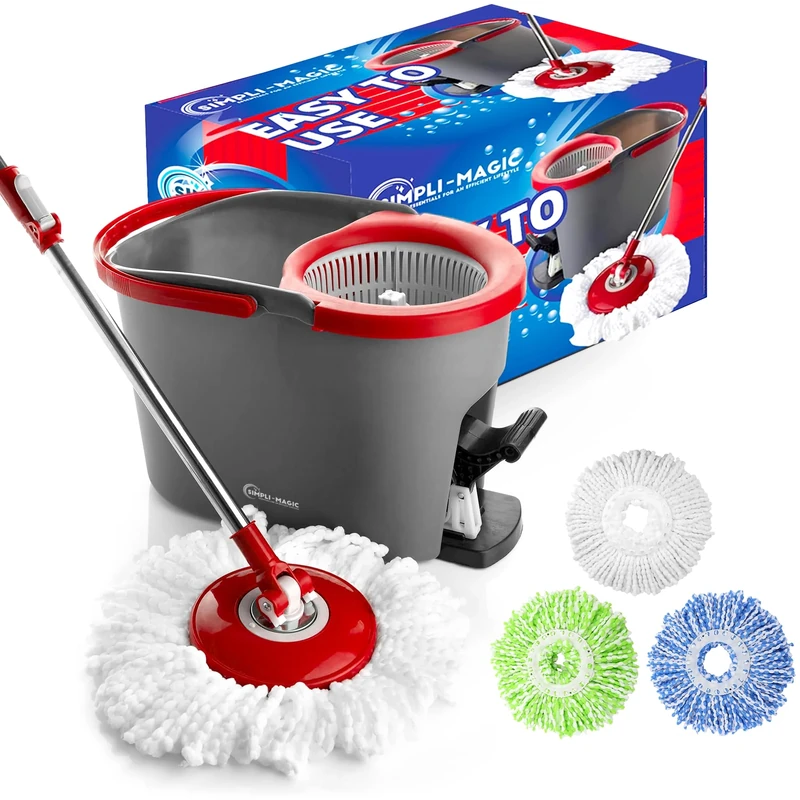 Simpli-Magic Bucket, Spin, Mops, Plastic Aluminum, Red/Black, Kit