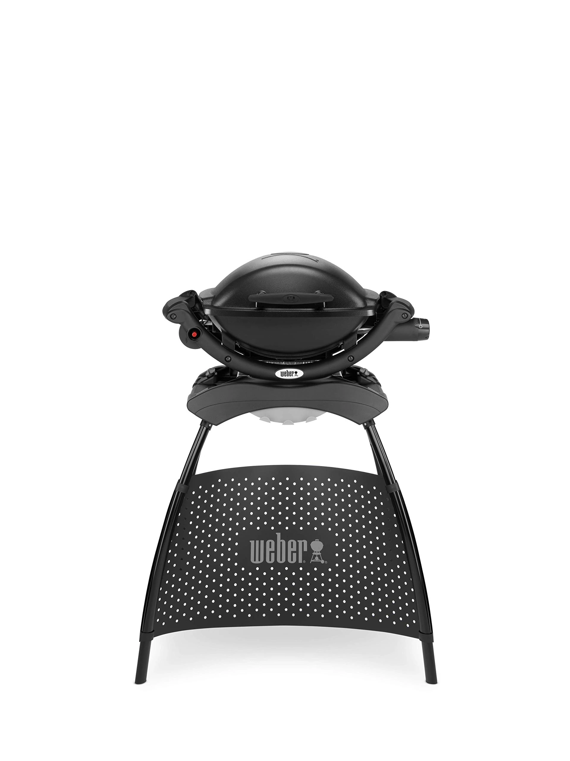 Weber Q1000 Gas Grill with Stand, 43 x 32cm Grill Area, Portable BBQ Grill, 1 Burner, 2-Piece Porcelain-Enamelled Cast Iron Grill Grate, Aluminum Cast Lid & Body - Black (50010374)