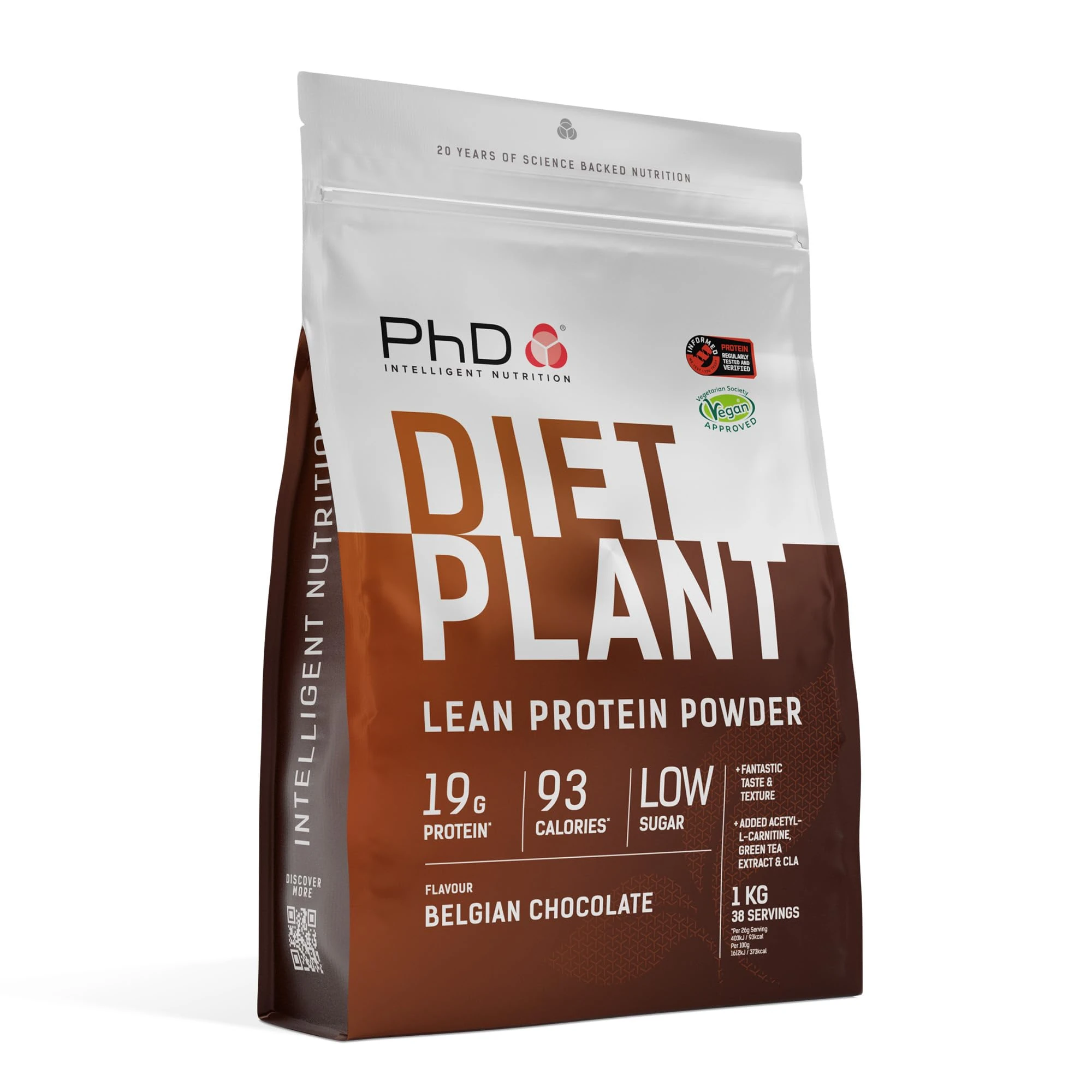 PhD Nutrition Diet Plant, High Protein Lean Matrix, Vegan Diet Protein Powder, Belgian Chocolate, 19g of Plant Protein, 40 Servings Per 1 kg Bag (Packaging May Vary)