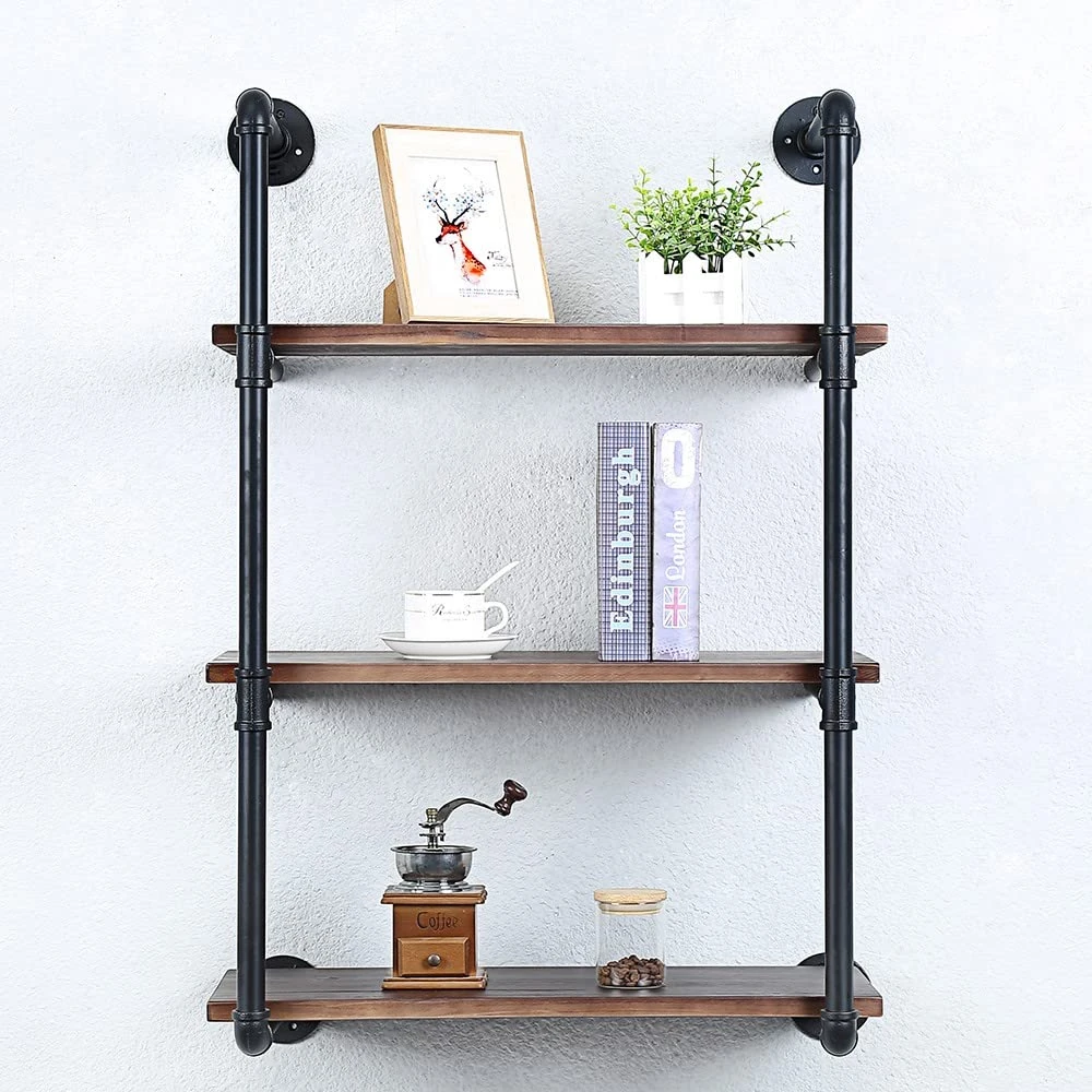 Industrial Pipe Shelving Wall Mounted,24in Rustic Metal Floating Shelves,Steampunk Real Wood Book Shelves,Wall Shelf Unit Bookshelf Hanging Wall Shelves,Farmhouse Kitchen Bar Shelving(3 Tier)
