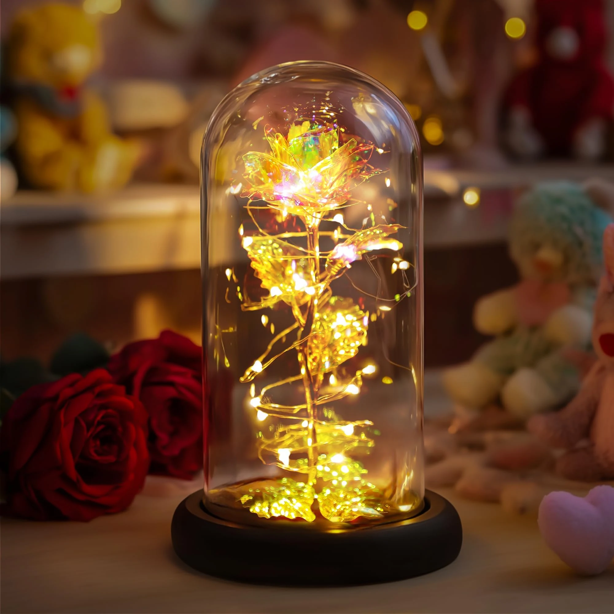 Childom Birthday Gifts for Women,Christmas rose Gifts For Women Her Mum,Colorful Rainbow Light Up Rose In Glass Dome, for Teacher,Wedding,Engagement,Anniversary,Graduation,Thank You