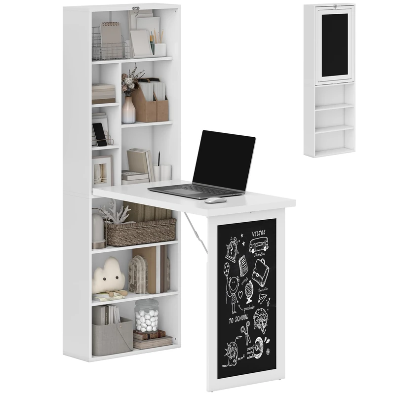 HOMCOM Wall Mounted Computer Desk, Space Saving Folding Study Table with Black Board, Bookshelf, Floating Writing Desk with Adjustable Shelf, 9 Open Compartments for Small Space, White