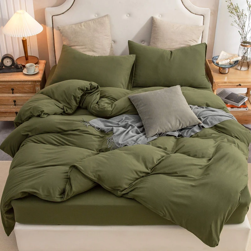 PURE ERA Jersey Knit Duvet Cover Set 160 x 200 cm, 100% T-Shirt, Cotton, Super Soft, Comfortable, 3-Piece Bedding Set with Zip (Plain, Olive, King Size)