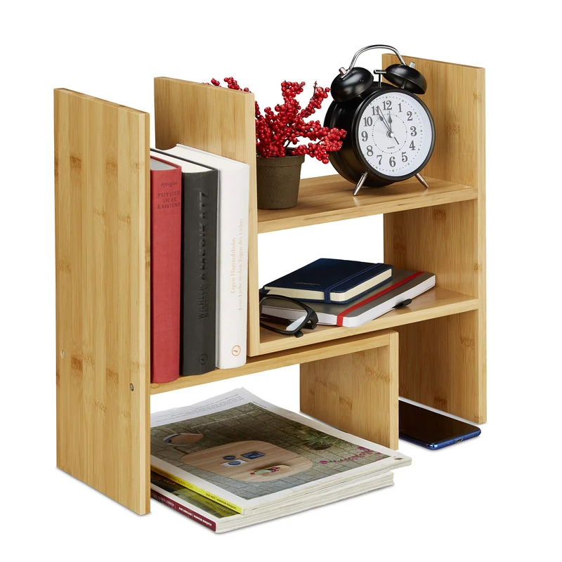 Relaxdays Bamboo Table Shelf, Adjustable Organiser, for Desk, Kitchen & Bathroom, Versatile Display Unit, Small, Natural