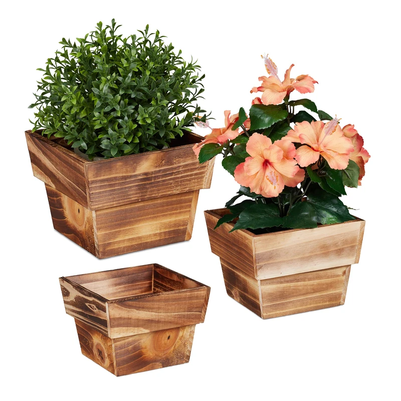 Relaxdays Set of 3 Flamed Wood Plant Pots - Square Decor