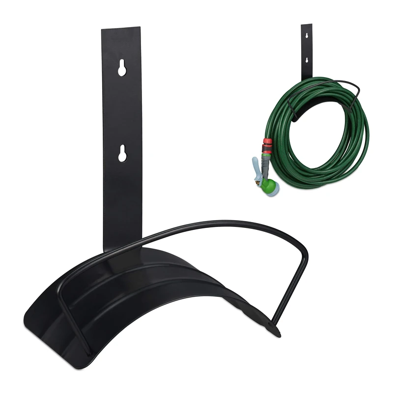 Relaxdays Hose Pipe Holder, for 60 m 5/8" Hosepipe, Wall-Mounted Hanger, 32 x 32.5 x 16 cm, Rounded, Steel, Black