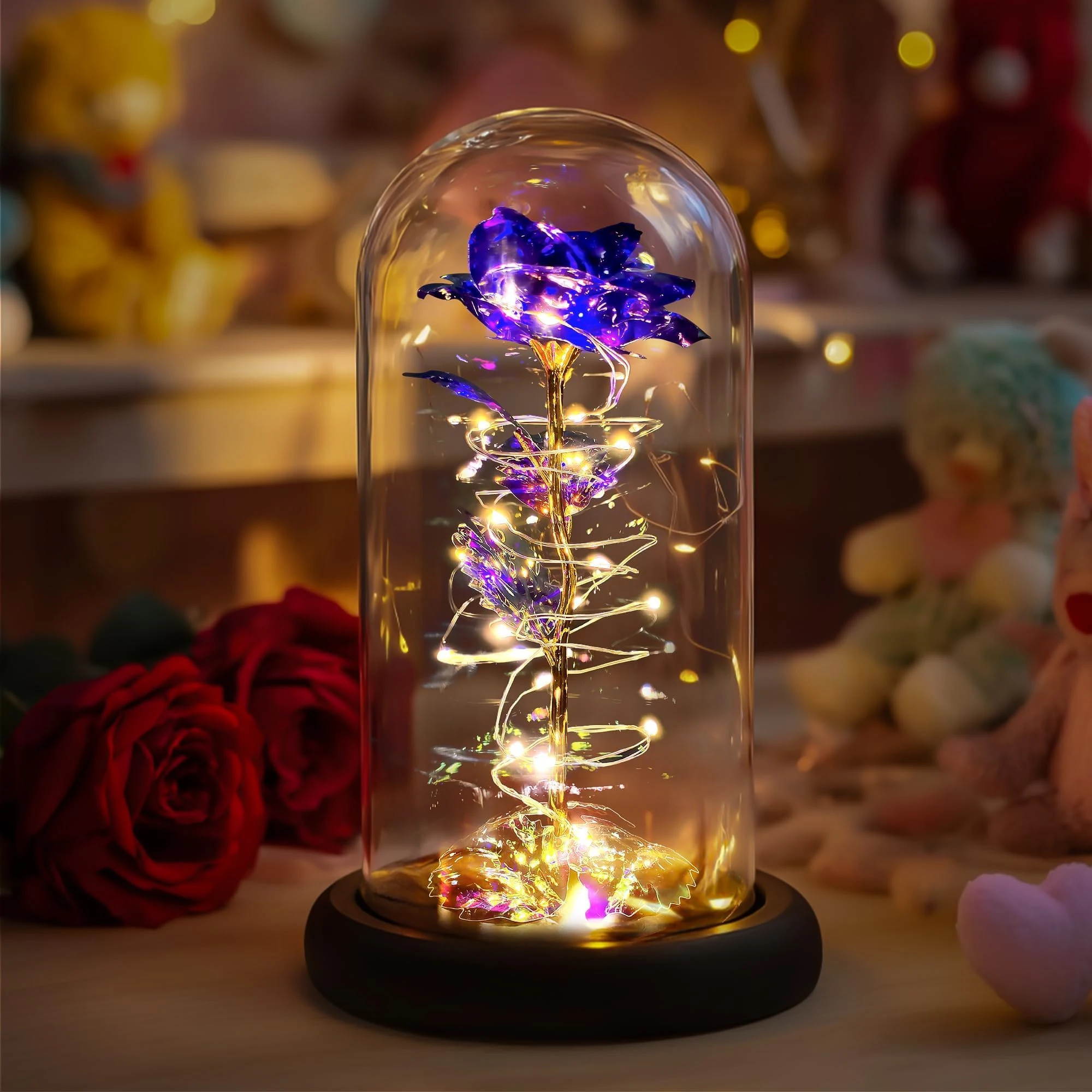 Childom Birthday Gifts for Women,Christmas rose Gifts For Women Her Mum,Colorful Purple Light Up Rose In Glass Dome, for Teacher,Wedding,Engagement,Anniversary,Graduation,Thank You