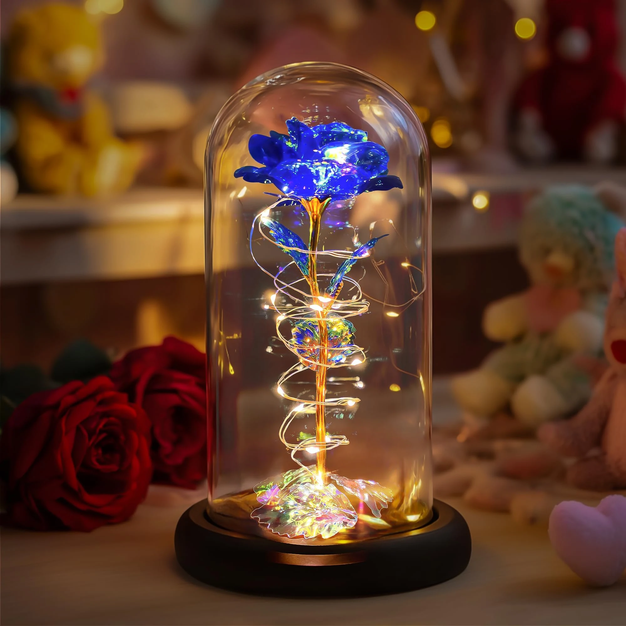 Childom Birthday Gifts for Women,Christmas rose Gifts For Women Her Mum,Colorful Blue Light Up Rose In Glass Dome, for Teacher,Wedding,Engagement,Anniversary,Graduation,Thank You