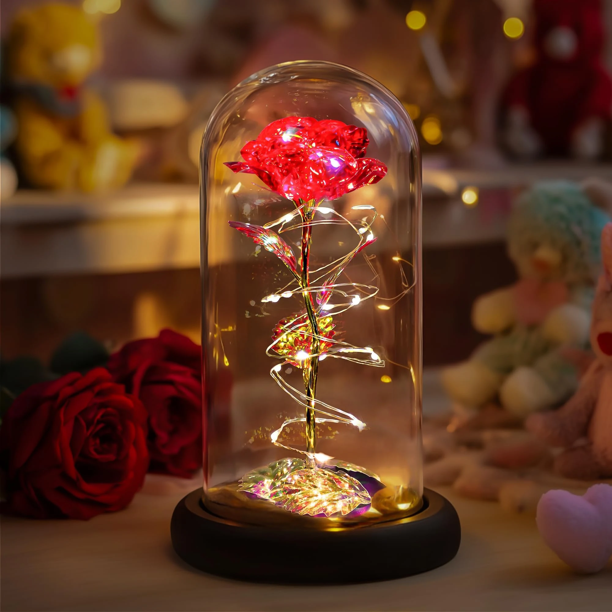 Childom Birthday Gifts for Women,Christmas rose Gifts For Women Her Mum,Colorful Red Light Up Rose In Glass Dome, for Teacher,Wedding,Engagement,Anniversary,Graduation,Thank You