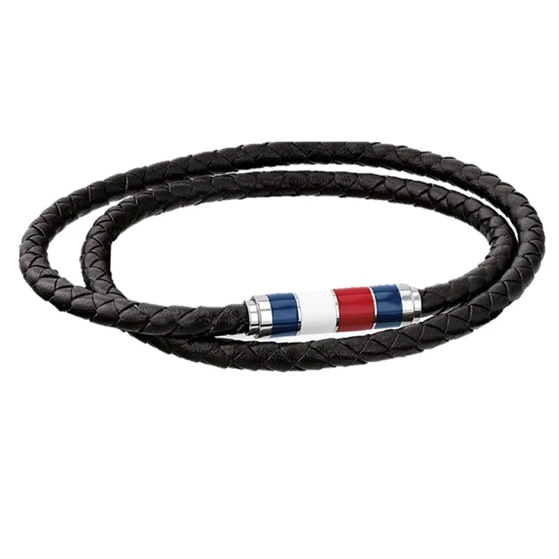 Tommy Hilfiger Jewelry Men's Bracelet with Double-Wrap Braided Black Leather - 2790056