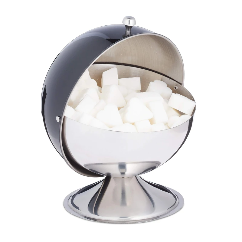 Relaxdays Sugar Bowl, with Rolling Lid, Shiny Stainless Steel, Sweets, Candy Holder, Decorative, Tin Container, Black