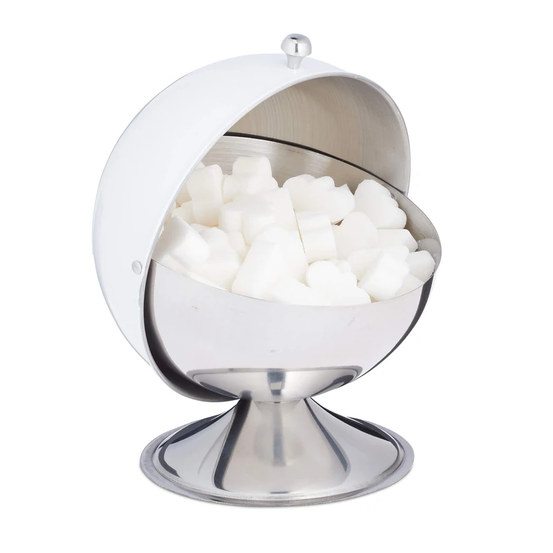 Relaxdays Sugar Bowl, with Rolling Lid, Shiny Stainless Steel, Sweets, Candy Holder, Decorative, Tin Container, White