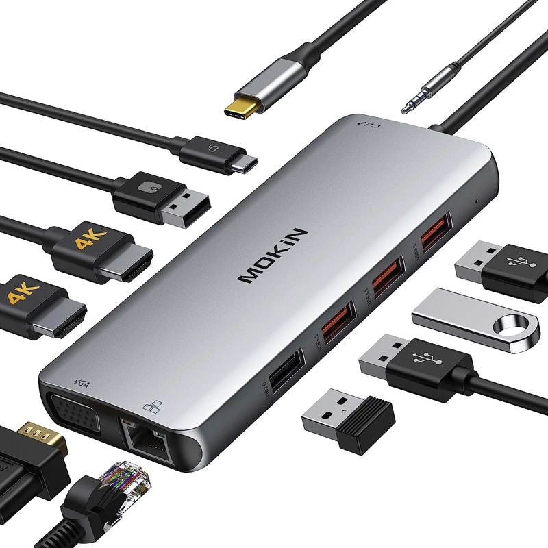 MOKiN USB C Hub, 11 in 1 Multiport Adapter to Dual HDMI and VGA, Ethernet RJ45, Audio Port, 100W PD, 5 USB Ports, Docking Station for MacBook Dell Surface HP Tablet Type C