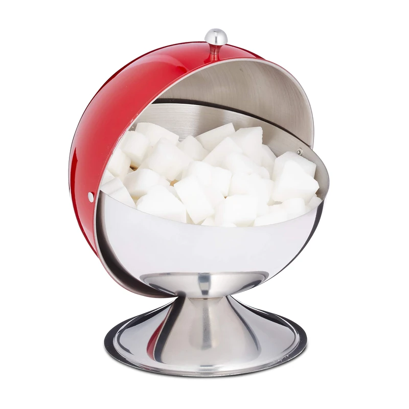 Relaxdays Sugar Bowl, with Rolling Lid, Shiny Stainless Steel, for Sweets, Candy Holder, Decorative, Tin Container, Red
