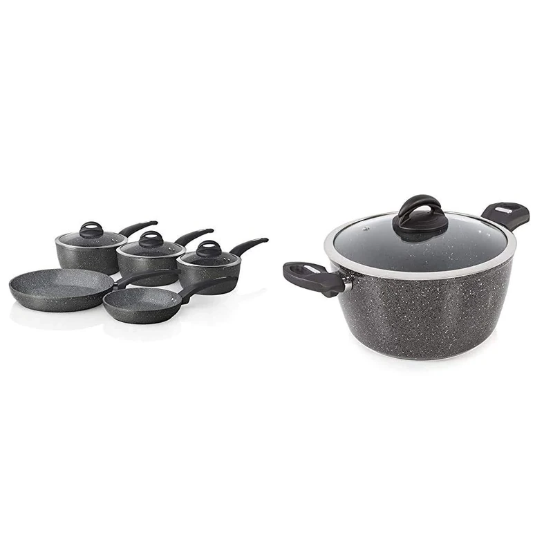 Tower T81276 Frying Pan and Saucepan Set, Graphite & Cerastone Induction Casserole Dish with Glass Lid, Non Stick Ceramic Coating, Easy to Clean, Graphite, 24 cm