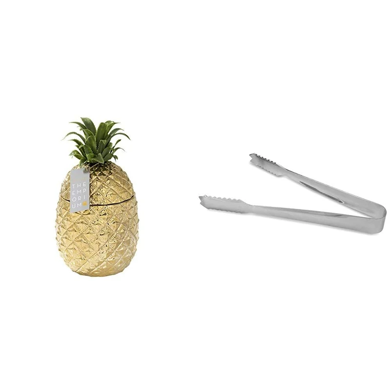 Gold Pineapple Ice Bucket with Lid, Premium Addition to Your Drinks Trolley | Retro Bar Accessory | Classy Party Decoration | Elegant Cooler & Stainless Steel Ice Tongs 7inch