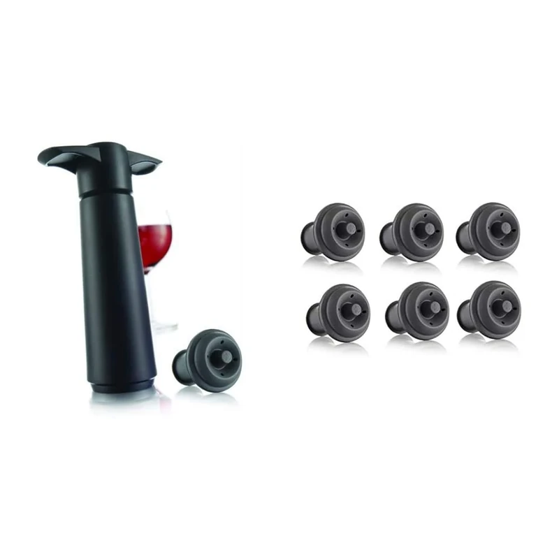 Vacu Vin Wine Saver - Black | 1 x Vacuum Pump + 1 x Vacuum Wine Stopper & 6 Piece Stopper for Wine, Grey