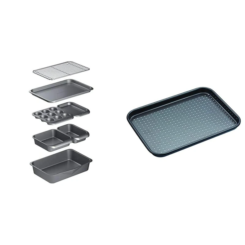 MasterClass Smart Space Stacking Non-Stick Bakeware Set, 7 Piece Baking Trays, Gift Boxed & KCMCCB54 Crusty Bake Perforated Baking Tray with PFOA Non Stick, Robust 1 mm Carbon Steel, 24 x 18 cm, Grey