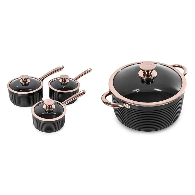 Tower T800001RB Saucepan Set, Aluminium, Black and Rose Gold & T800002RB Casserole Dish with Lid, Linear Collection, Aluminium, Black and Rose Gold, 5 Litre