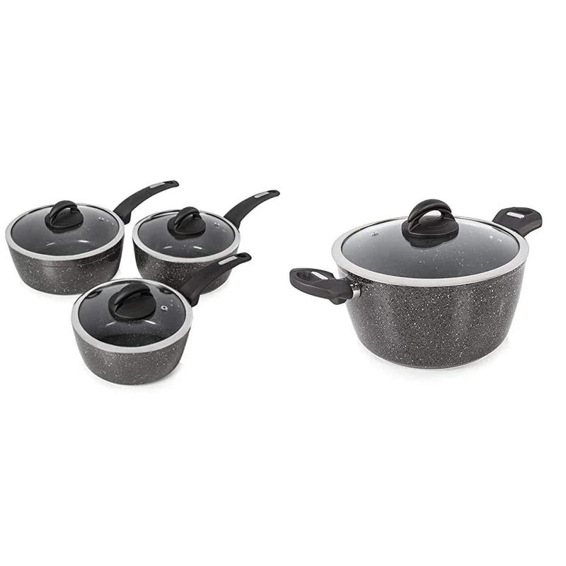 Tower T81212 Saucepan Set, Graphite & Cerastone Induction Casserole Dish with Glass Lid, Non Stick Ceramic Coating, Easy to Clean, Graphite, 24 cm