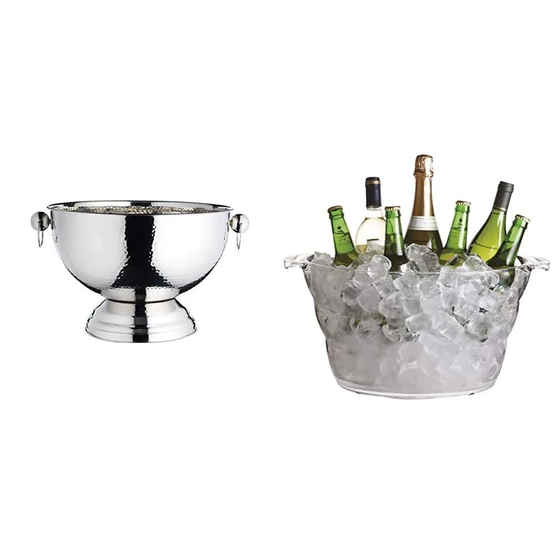 BarCraft Hammered Stainless Steel Champagne bucket, beer, drinks and wine cooler, 37x25cm, Gift Tagged & Clear Acrylic Large Oval Drinks Bucket/Cooler, Beer, Drinks and Wine Cooler, 10 Litres