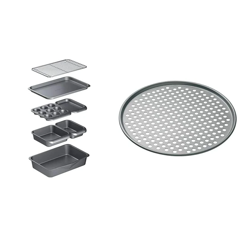 MasterClass Smart Space Stacking Non-Stick Bakeware Set, 7 Piece Baking Trays, Gift Boxed & 32 cm Perforated Pizza Tray with PFOA Non Stick, Robust 1 mm Thick Carbon Steel