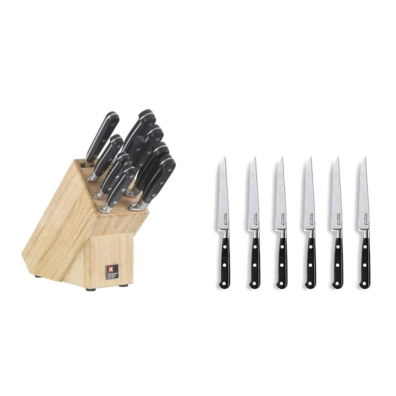 RICHARDSON SHEFFIELD V Sabatier 9pc Block, stainless_steel, Black, 9 Piece Knife & R08000RC22BR1 Sabatier Trompette Steak Knives, Set of 6, Silver