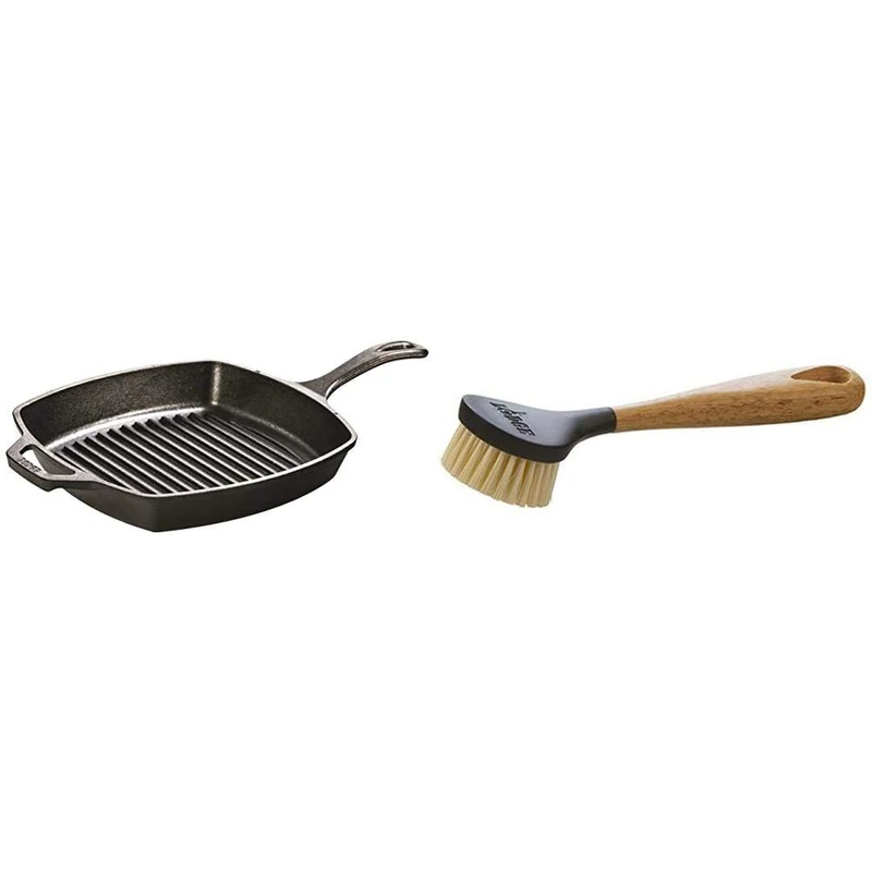 LODGE 17L8SGP3 26.67 cm / 10.5 inch Pre-Seasoned Cast Iron Square Grill Pan/Fat-Free Fryer, Black & SCRBRSH 25.4 cm / 10 inch Scrubbing Brush, Brown