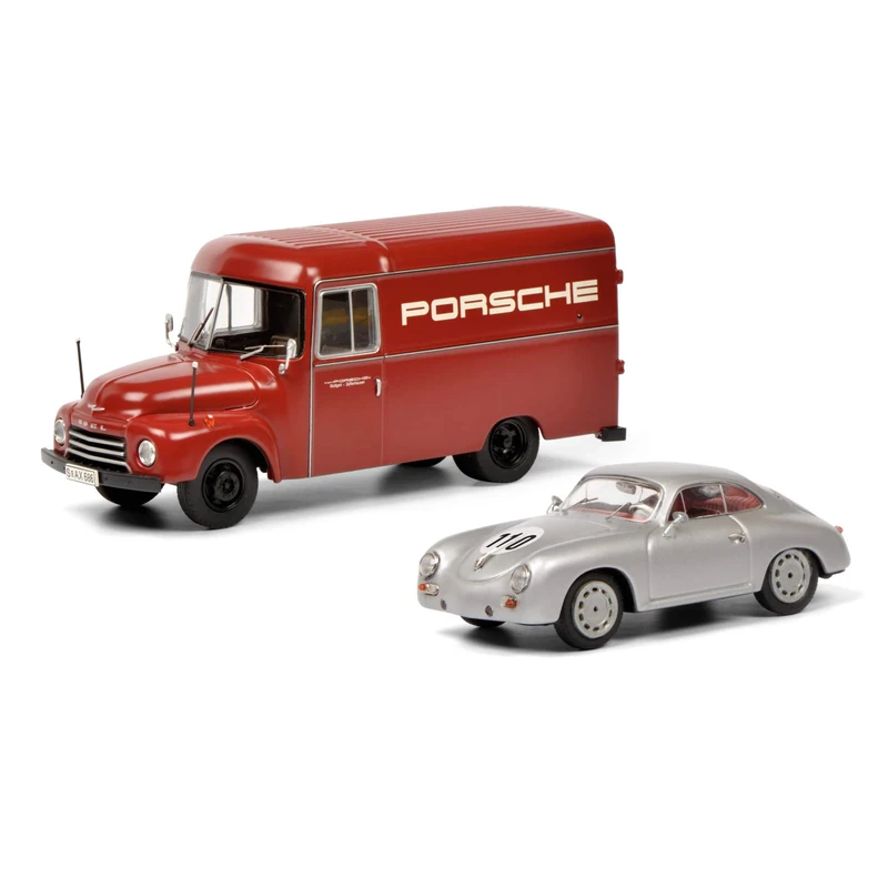 Schuco 450309200 Set Opel Blitz, Porsche 356 Coupe, Model Car, Limited Edition 750, Scale 1:43, Red/Silver