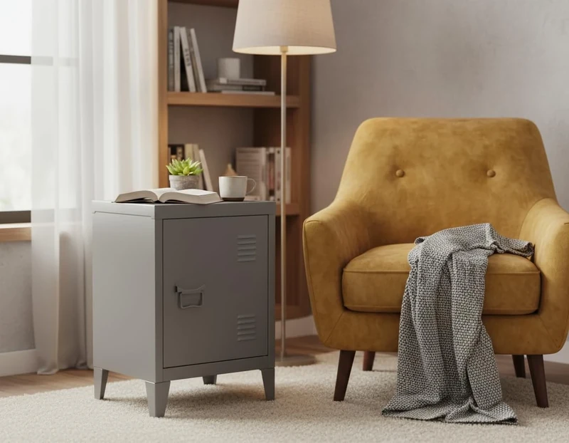 Homybec Small Metal Cabinet 1-Door, Free Standing 2 Tier Shelves Bedside Nightstand Cupboard, Side Storage Organizer for Home Office Study Bedroom Living Room, Grey, 57.5 x 40.5 x 30.5 cm