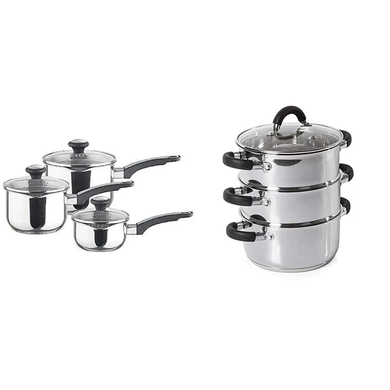 Prestige - Everyday - 3pc Saucepan Set with Lids & Tower Essentials Steamer Pans 3 Tier with Glass Lid, Silicone Handles, Stainless Steel, Steamer Cooking, Polished Mirror Finish, 18 cm