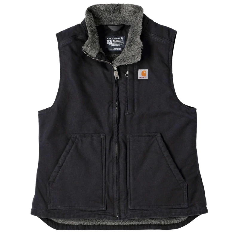 Carhartt Women's Loose Fit Washed Duck Sherpa-Lined Mock Vest Work Utility Outerwear, Black, M