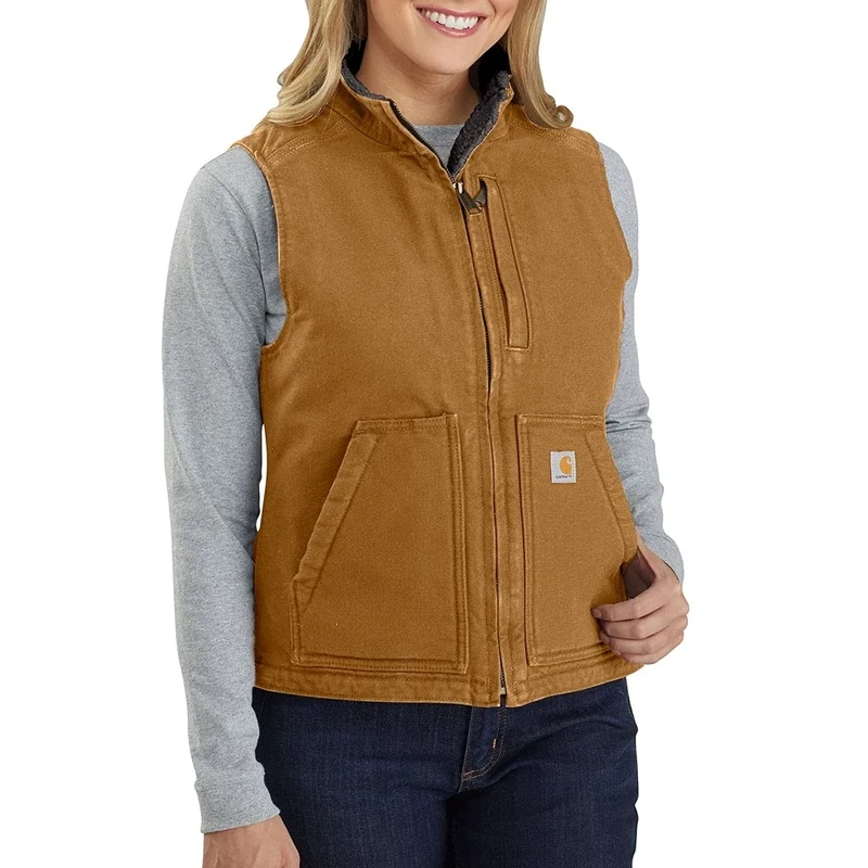 Carhartt Women's Loose Fit Washed Duck Sherpa-Lined Mock Vest Work Utility Outerwear, Brown, XL