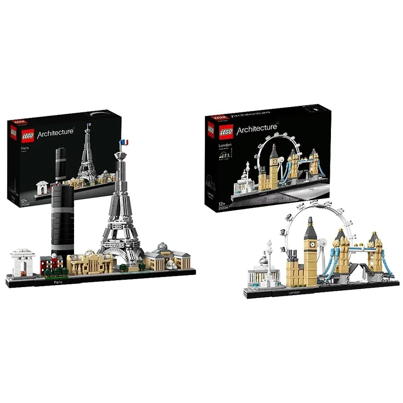 LEGO 21034 Architecture London Skyline Model Building Set, London Eye, Big Ben, Tower Bridge Collection & 21044 Architecture Paris Model Building Set with Eiffel Tower and The Louvre