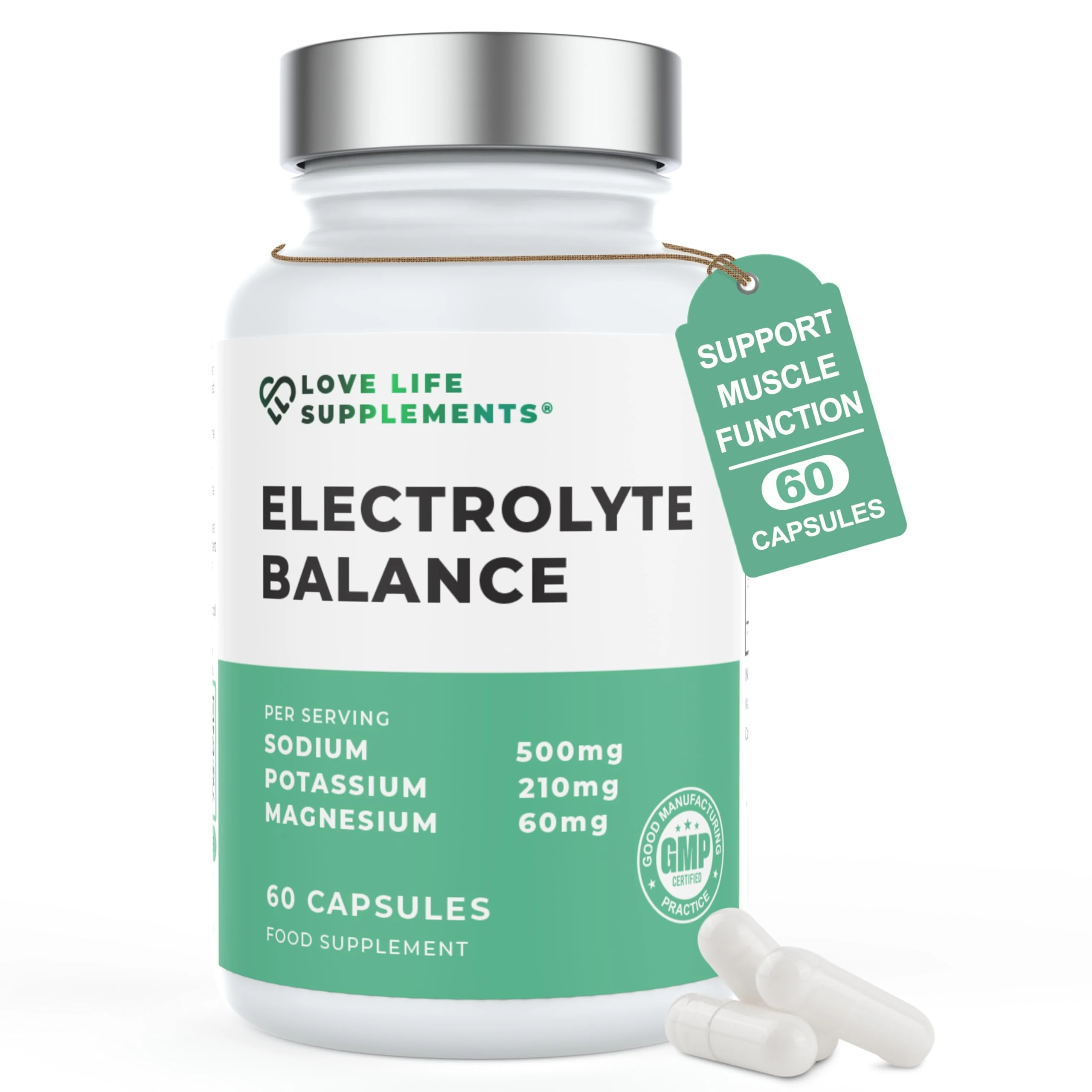 Electrolyte Balance, 60 Capsules, 30 Servings, High Strength 1000mg Sodium Chloride, Magnesium & Potassium for Maximum Hydration, Sugar Free Electrolytes Tablets, Zero Fillers - Love Life Supplements
