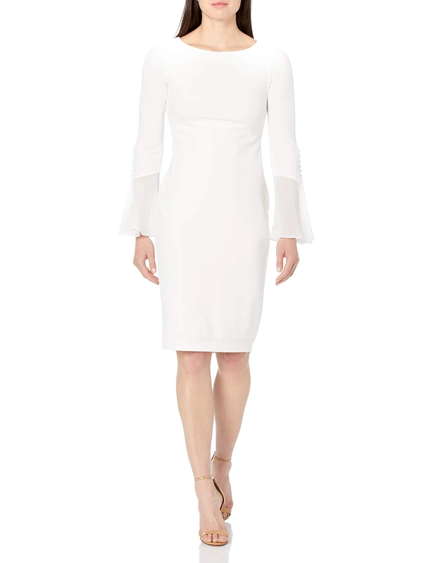 Calvin Klein Women's Solid Sheath with Chiffon Bell Sleeves Dress, Cream 3, 6