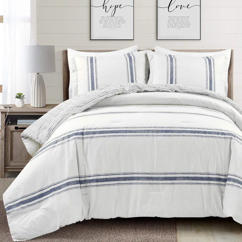 Lush Decor Farmhouse Stripe 3 Piece Comforter Set, Navy, King
